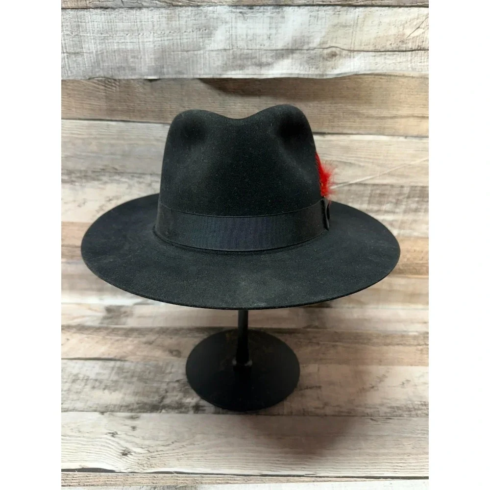 Millers Cowboy Hat Made by Imperial‎ Stetson Black Leather Red Feather Sz 7 1/8